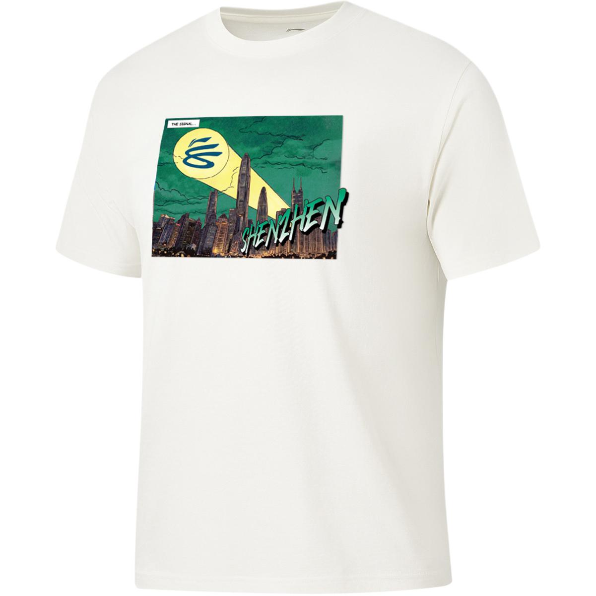 Li Ning Curry China Collection T Shirts Men's Ivory Shenzhen Crew Neck Moderate Straight Fit
