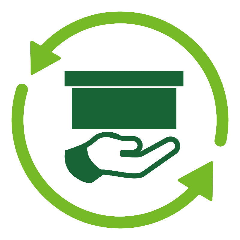 Green icon of a hand holding a box with arrows indicating recycling or reuse on a white background