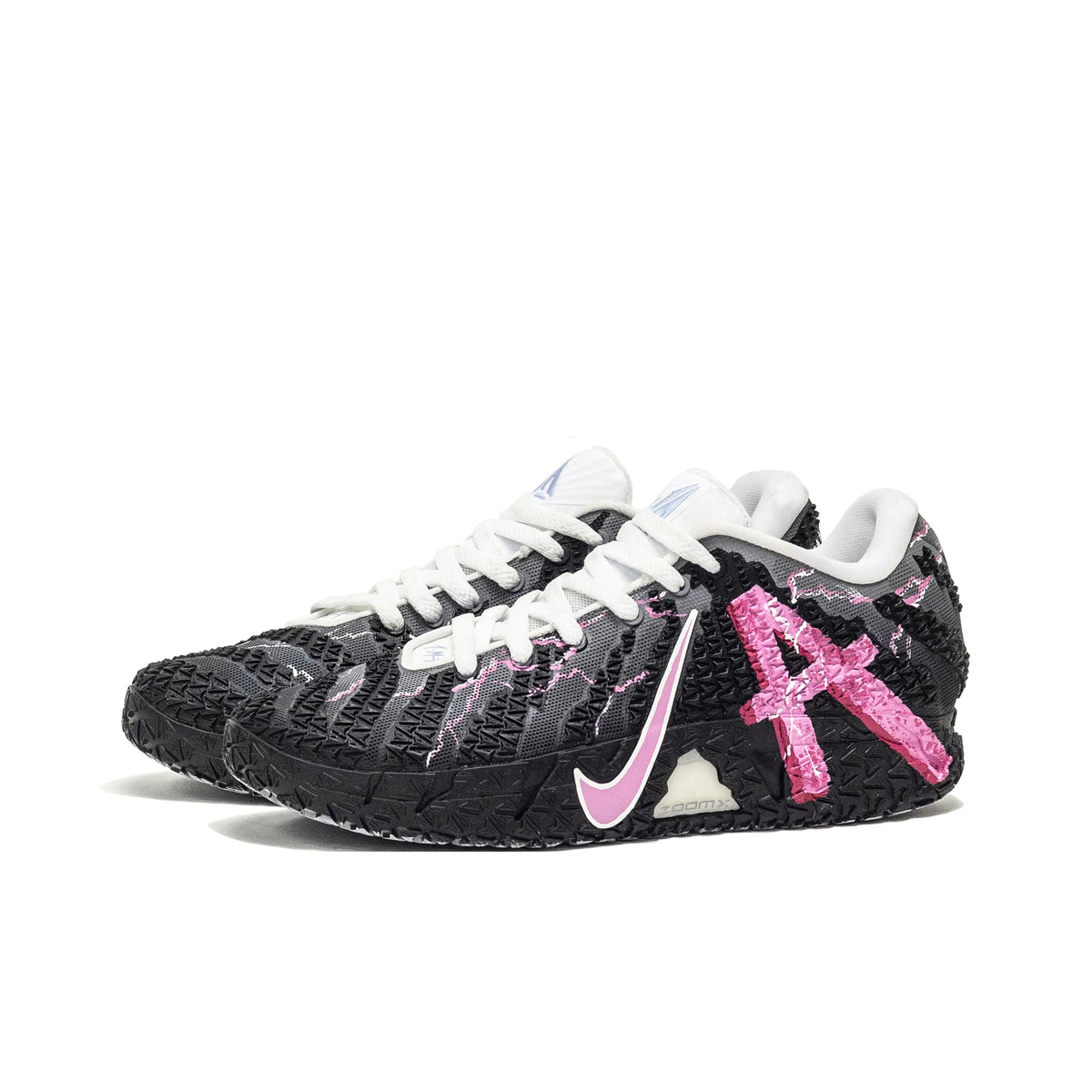 Pair of custom Nike Ja 3 Black Pink basketball shoes, angled front view showing white laces, pink side details and black textured uppers.