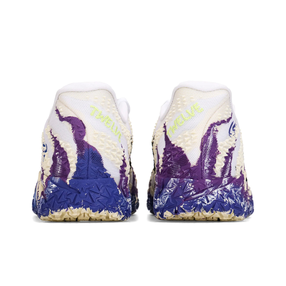 Customized Nike Ja 3 'Blue Fire' basketball shoes, rear view showing blue and purple flame graphics across cream heels.