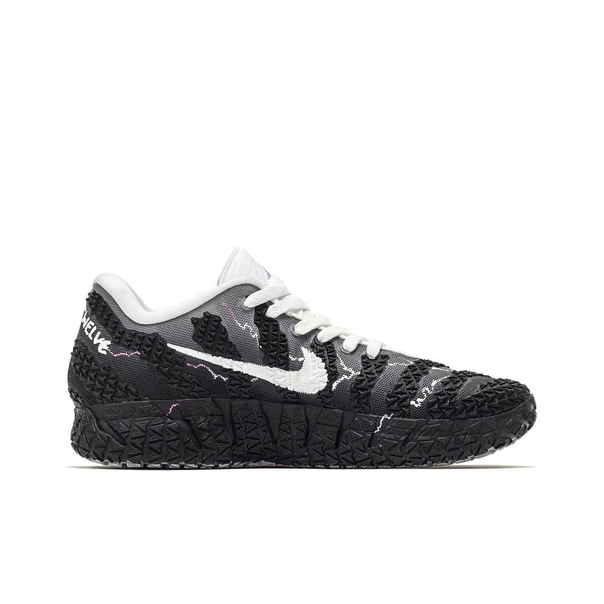 Opposite side view of the custom Nike Ja 3 Black Pink, showing a white Swoosh, lightning-like accents and a textured black sole.