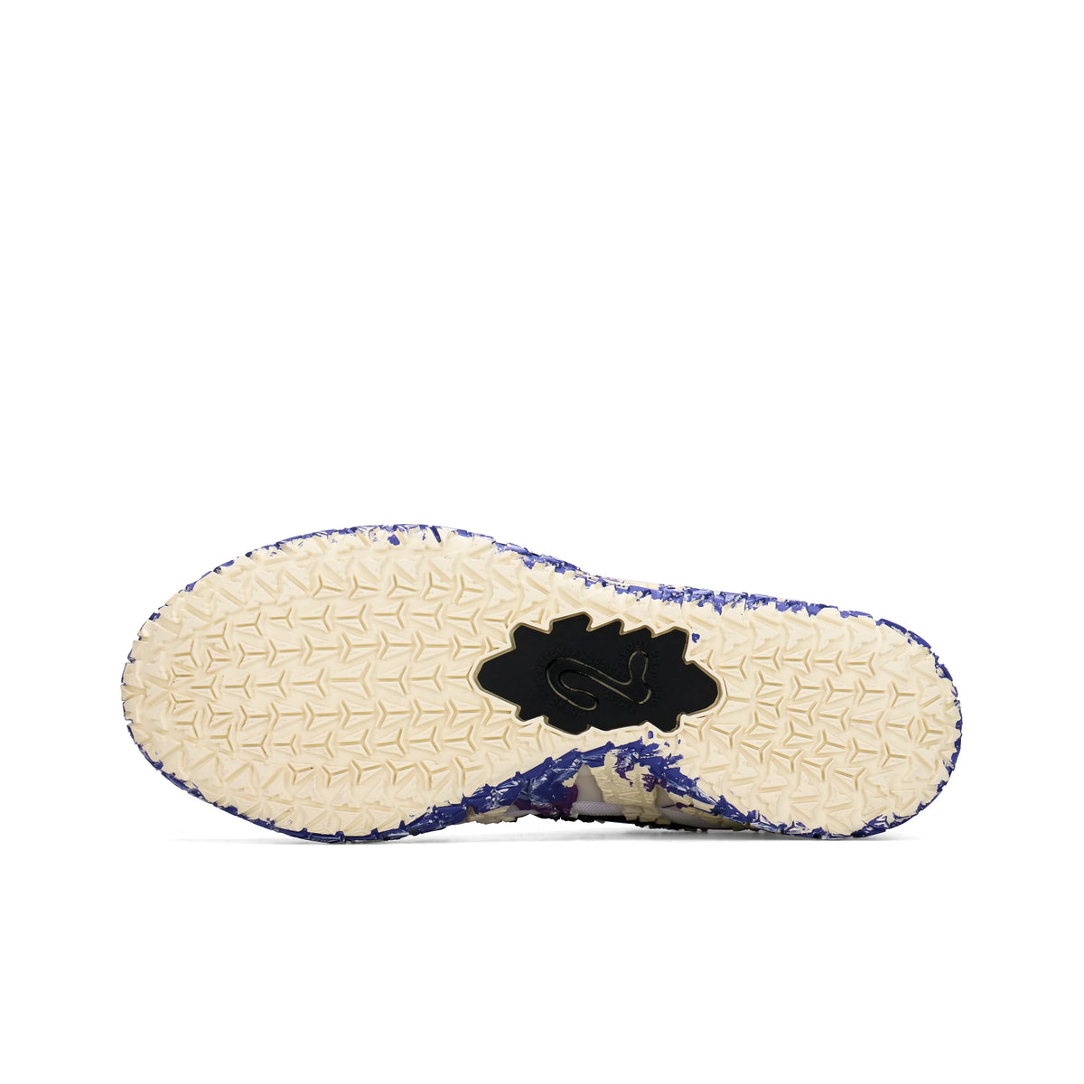 Customized Nike Ja 3 'Blue Fire' basketball shoe outsole in cream, showing textured tread, blue-purple edges and a black central logo panel.