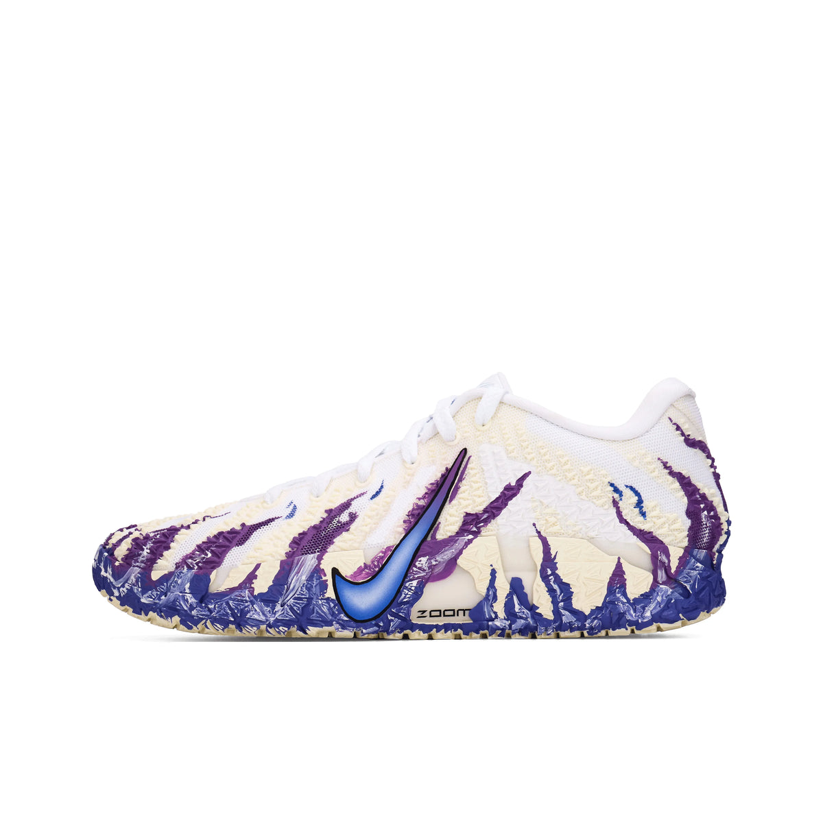 Customized Nike Ja 3 'Blue Fire' basketball shoe in cream with blue and purple flame graphics and a gradient blue Swoosh, side view.