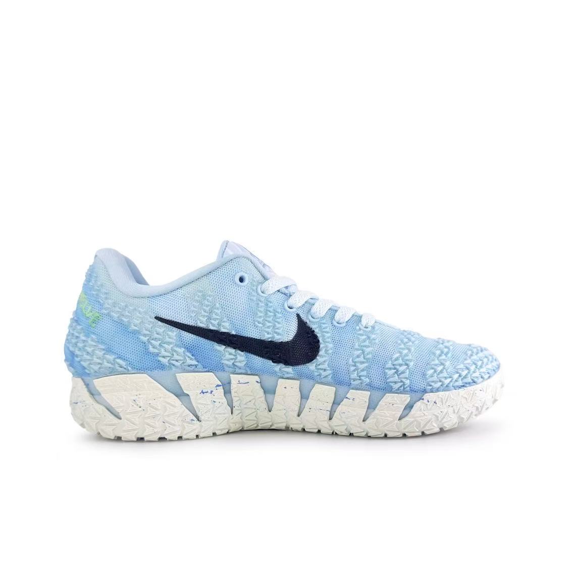 Customized Nike Ja 3 'Ice Blue' basketball shoe with a textured light blue upper and horizontal dark navy Swoosh, opposite side view
