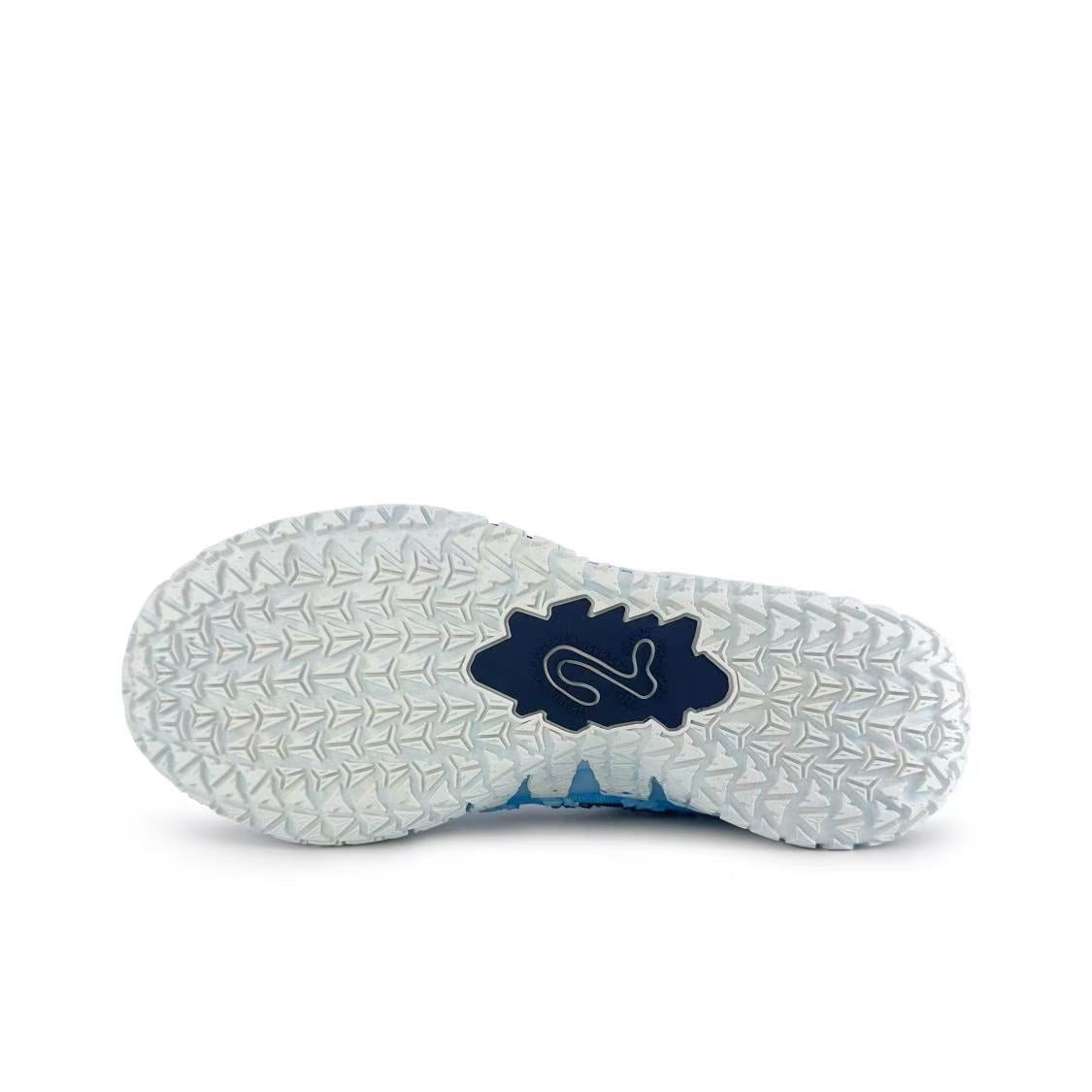 Customized Nike Ja 3 'Ice Blue' basketball shoe outsole with a white traction pattern and dark navy midfoot detail