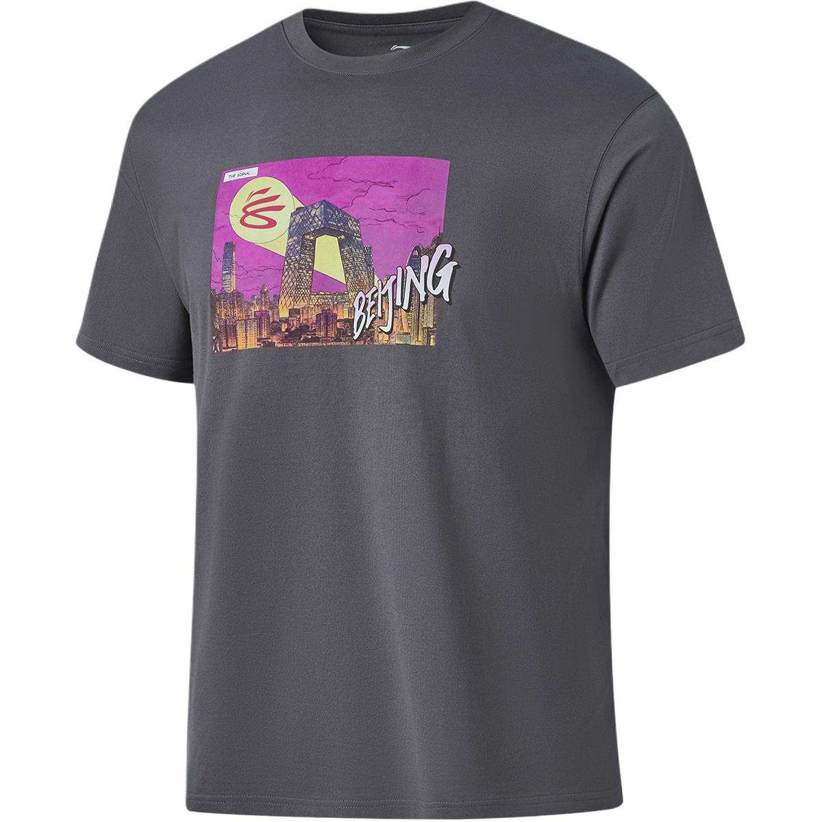 Li Ning Curry China Collection T Shirts Men's Meteorite Gray Beijing Crew Neck Moderate