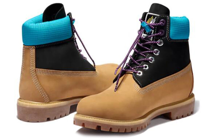 Timberland Premium 6 Inch Waterproof Boots Wheat Nubuck With Black And Blue Collar