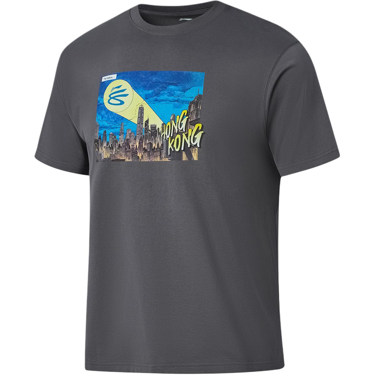 Li Ning Curry China Collection T Shirts Men's Meteorite Gray Hong Kong Crew Neck Moderate