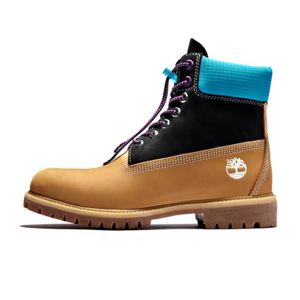 Timberland Premium 6 Inch Waterproof Boots Wheat Nubuck With Black And Blue Collar