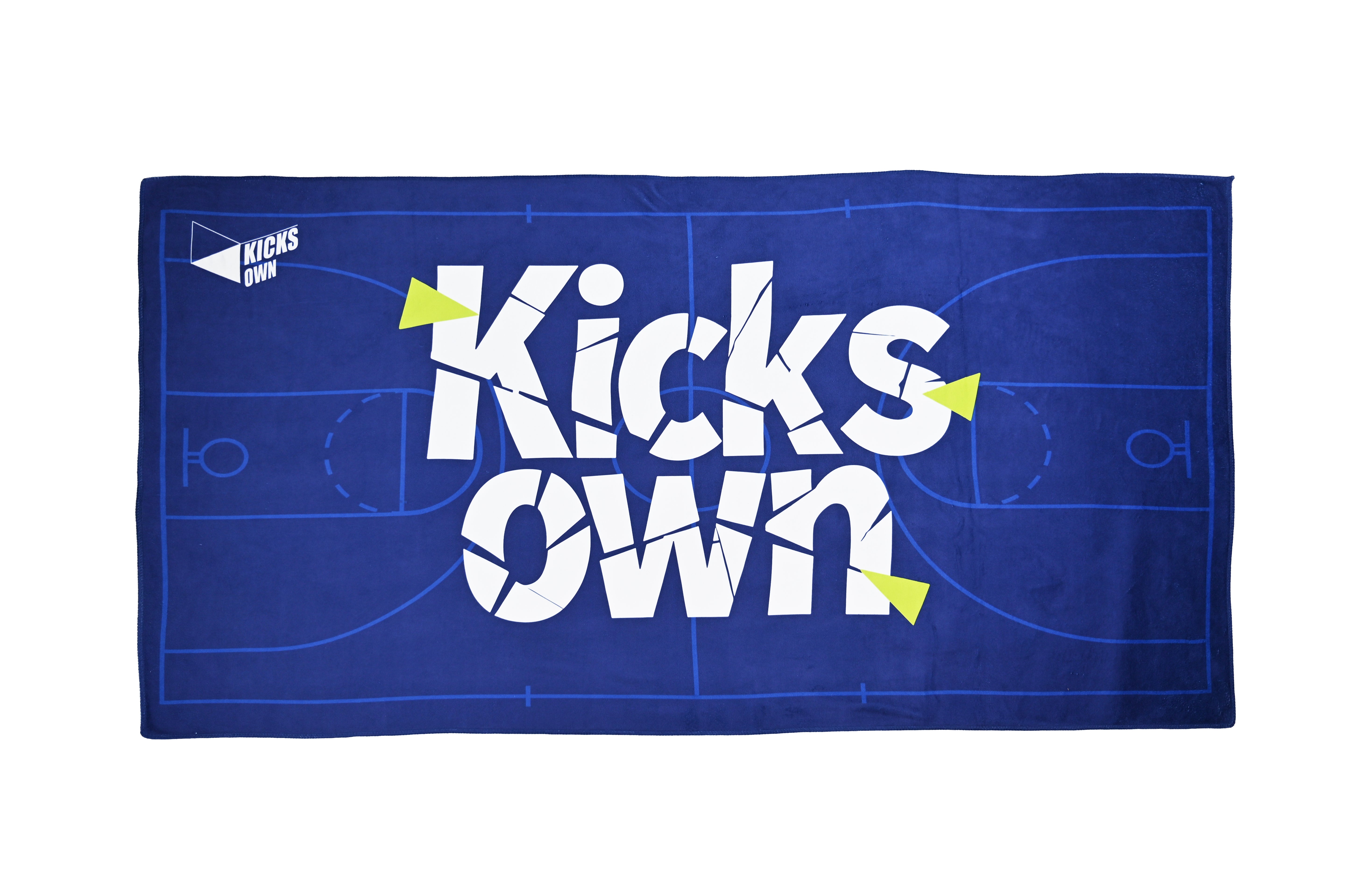 Blue towel with 'KicksOwn' text on a white background