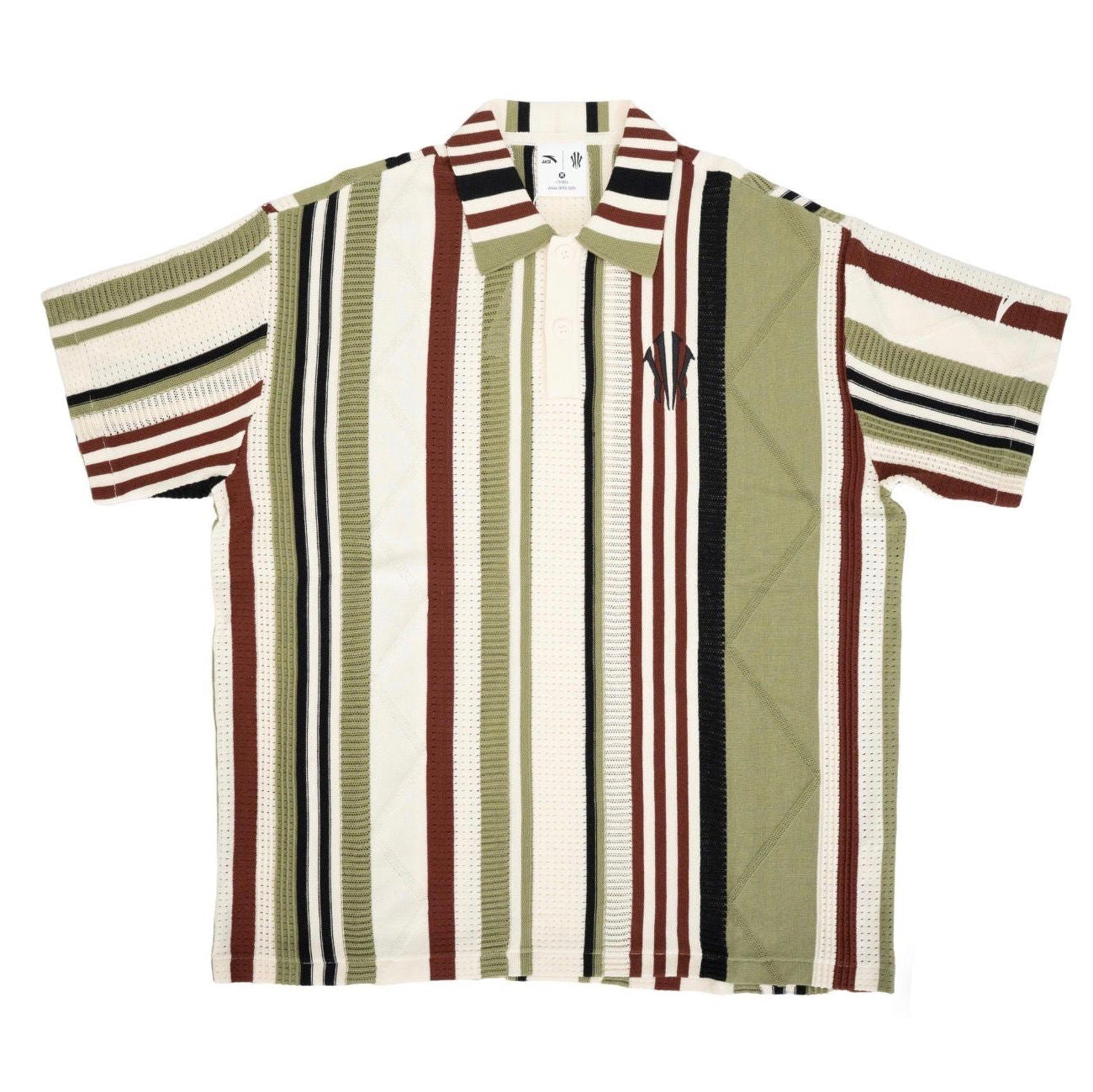 Striped shirt with a pattern of brown, green, and beige on a white background