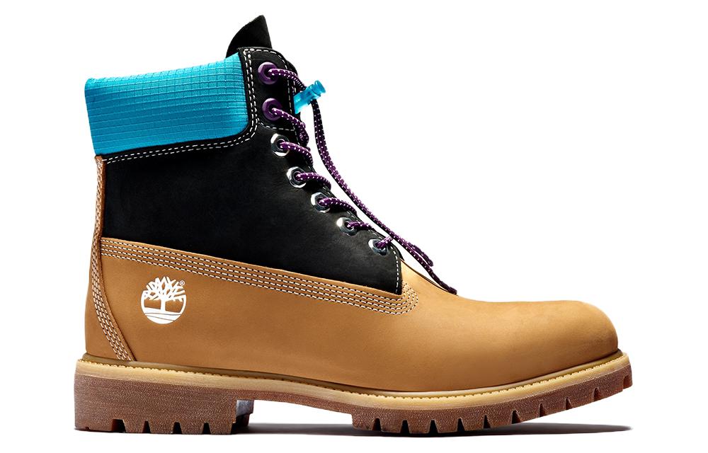 Timberland Premium 6 Inch Waterproof Boots Wheat Nubuck With Black And Blue Collar