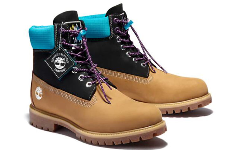 Timberland Premium 6 Inch Waterproof Boots Wheat Nubuck With Black And Blue Collar